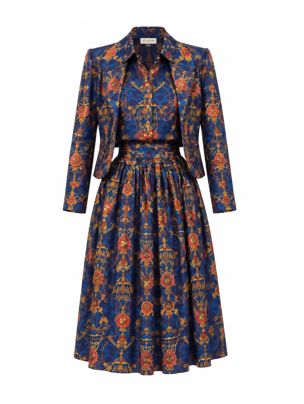 Tanner Vintage Three-Piece Baroque Print Suit – Jacket, Top & Midi Skirt